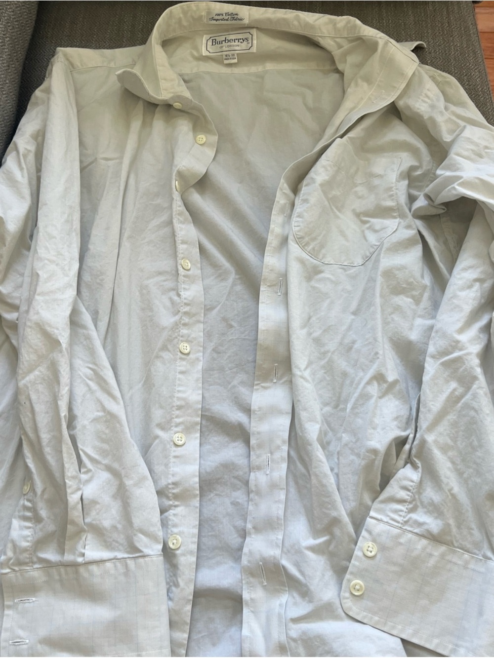 Burberrys Mens 16.5 33 Button Up Shirt Off White Blue Striped Long Sleeve Cotton